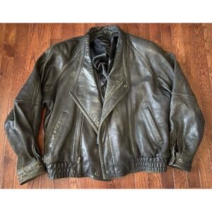 Vtg Women's Black Leather Jacket 80's Tannery West Shoulder Pads Cropped Med